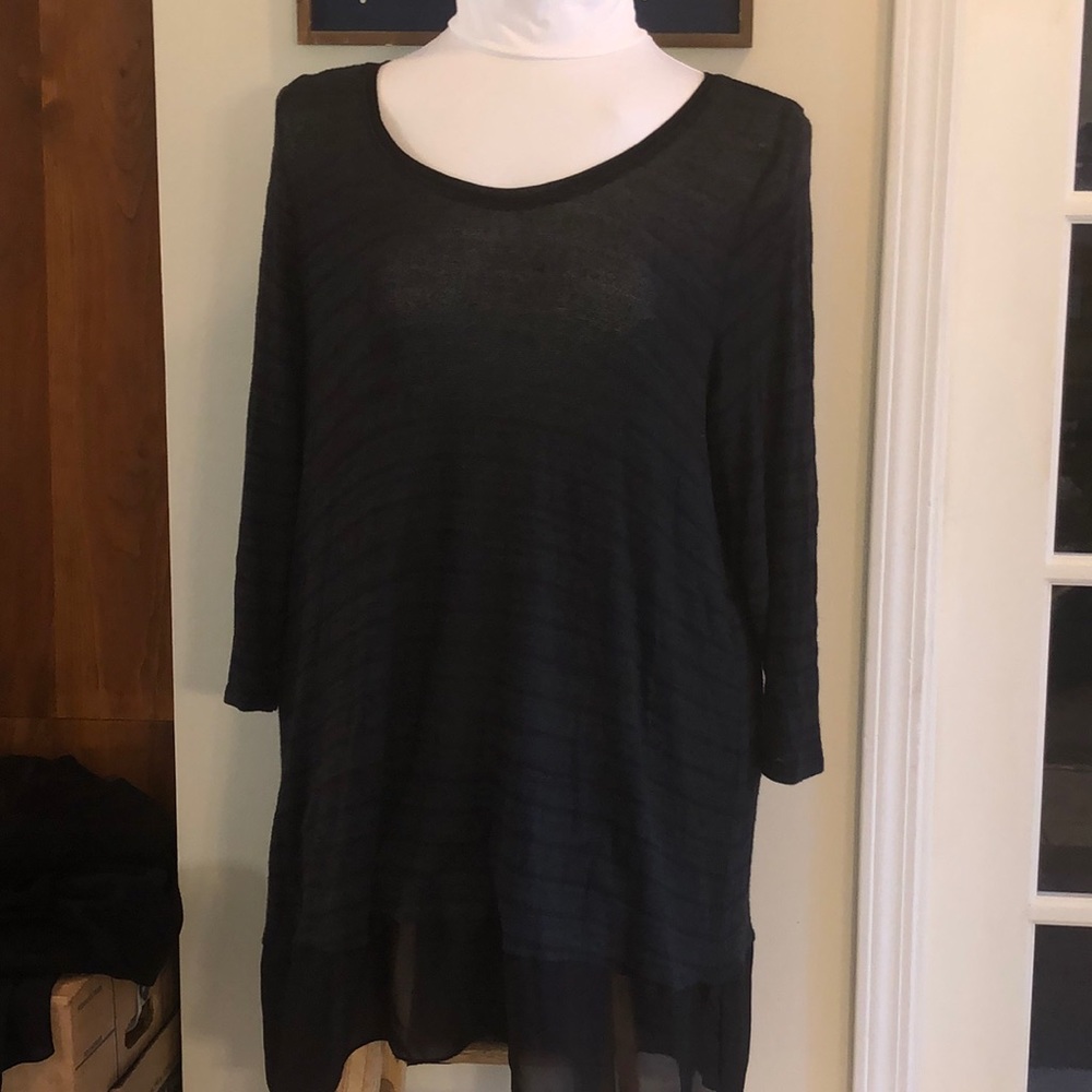 Green/black striped tunic sweater, LS semi-sheer